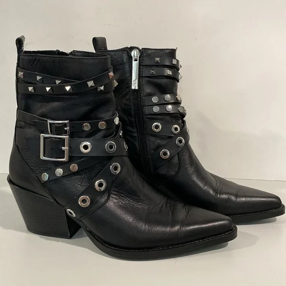 Zara Black Studded Leather Heeled Ankle Size 6 - Picture 6 of 14